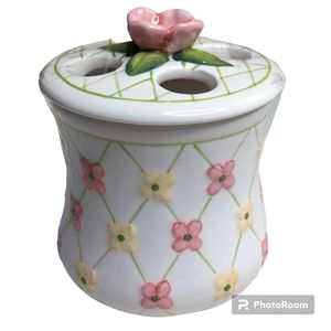 Longaberger Pottery Hand Painted Stoneware Dogwood Floral Toothbrush Holder